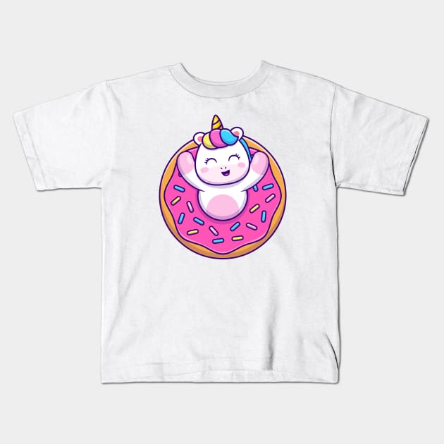 Cute Unicorn With Doughnut Cartoon Kids T-Shirt by Catalyst Labs